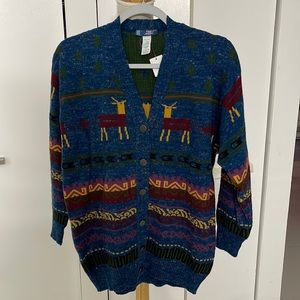 NEWMAN Blue/Gold/Green Reindeer "Wool" Button Down Cardigan Christmas Sweater